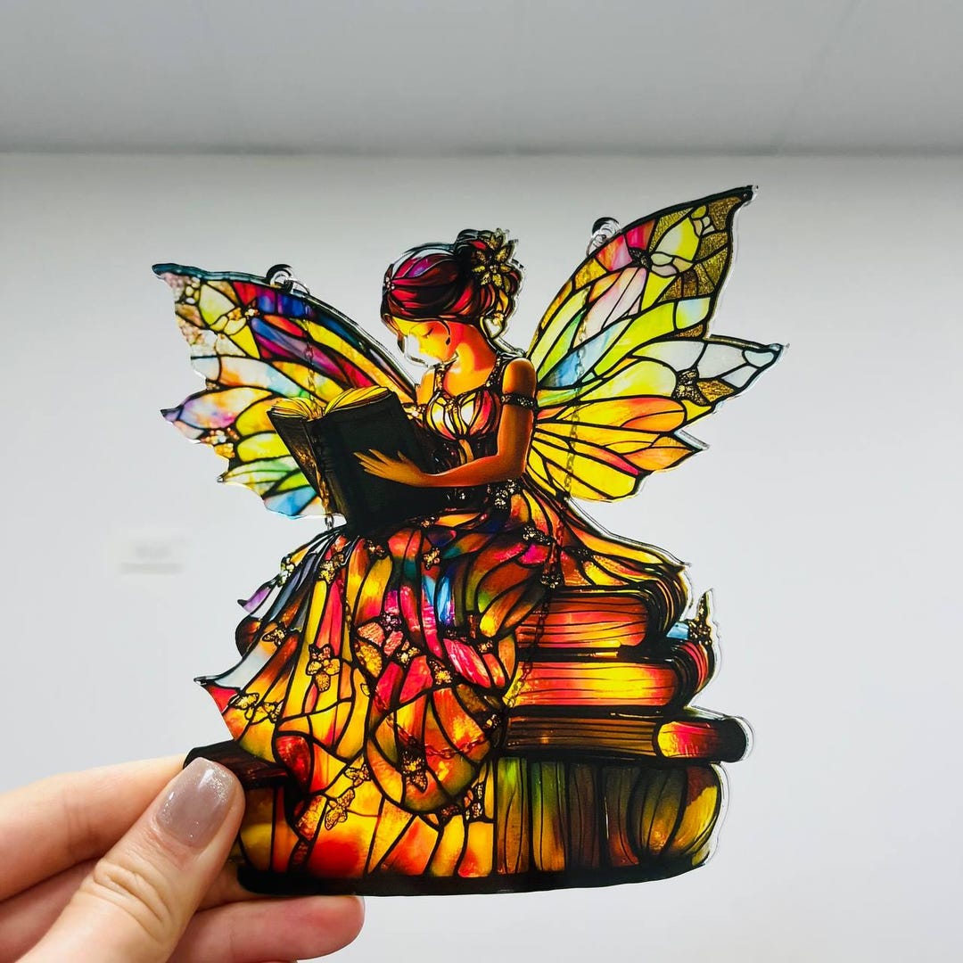 Bookworm Window Display Reading Fairy Acrylic Suncatcher, Faux Stained Glass Window, Panel ...