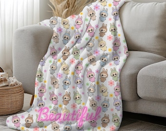 Personalized Bubu Monster Blanket | Custom Name Pastel Plush Throw | Cute Kawaii Monster Blanket| Perfect gifts, birthday, Christmas, Family