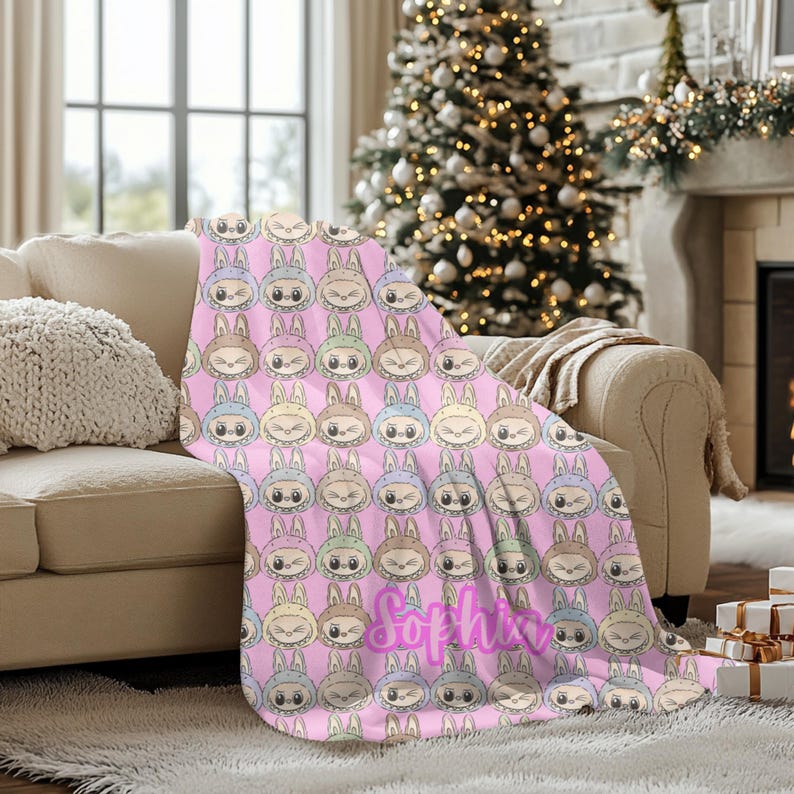 Personalized Bubu Monster Blanket | Custom Name Pastel Plush Throw | Cute Kawaii Monster Blanket| Perfect gifts, birthday, Christmas, Family image 2