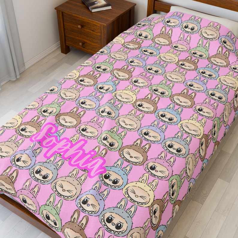 Personalized Bubu Monster Blanket | Custom Name Pastel Plush Throw | Cute Kawaii Monster Blanket| Perfect gifts, birthday, Christmas, Family image 5