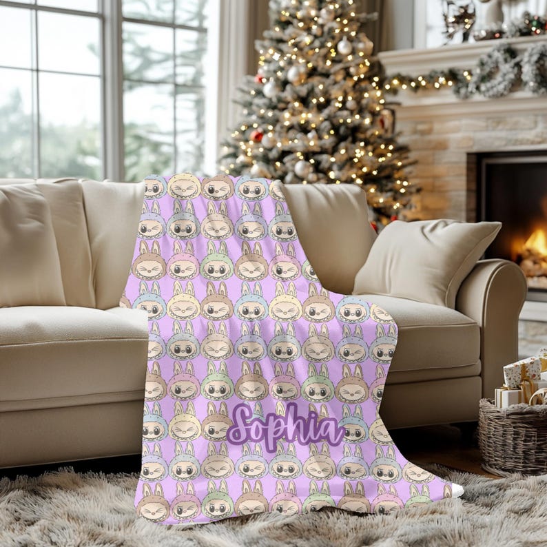 Personalized Bubu Monster Blanket | Custom Name Pastel Plush Throw | Cute Kawaii Monster Blanket| Perfect gifts, birthday, Christmas, Family image 1