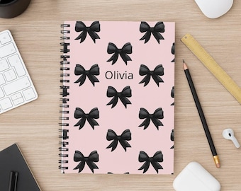 Personalized Bow Notebook, Custom Name Journal, Cute Pink Spiral Notebook, Aesthetic School Notebook, Gift for Girls, Notes Journal