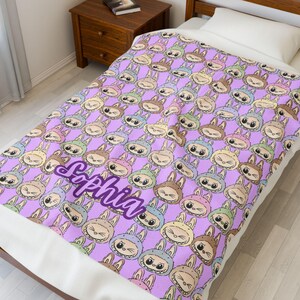 Personalized Bubu Monster Blanket | Custom Name Pastel Plush Throw | Cute Kawaii Monster Blanket| Perfect gifts, birthday, Christmas, Family image 7
