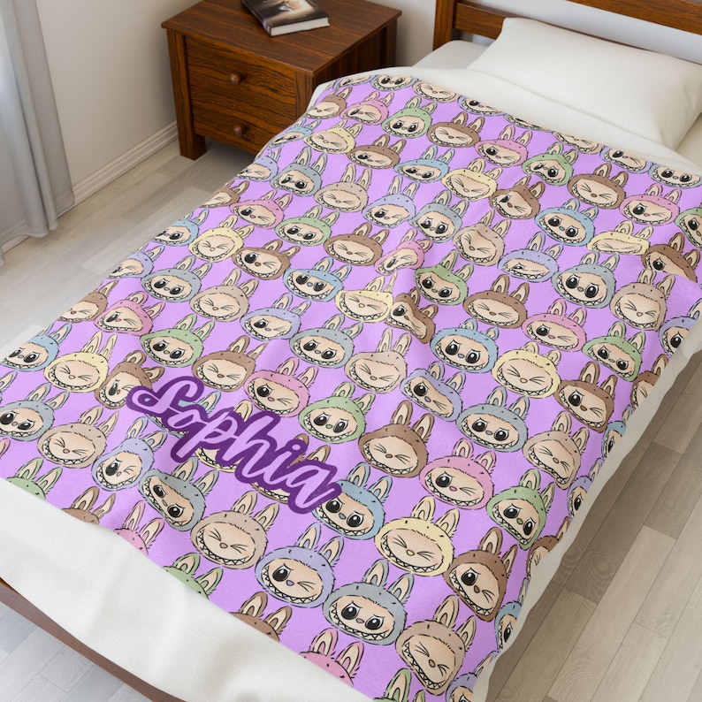 Personalized Bubu Monster Blanket | Custom Name Pastel Plush Throw | Cute Kawaii Monster Blanket| Perfect gifts, birthday, Christmas, Family image 7