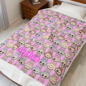 Personalized Bubu Monster Blanket | Custom Name Pastel Plush Throw | Cute Kawaii Monster Blanket| Perfect gifts, birthday, Christmas, Family image 4