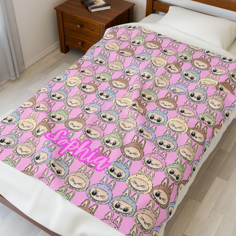 Personalized Bubu Monster Blanket | Custom Name Pastel Plush Throw | Cute Kawaii Monster Blanket| Perfect gifts, birthday, Christmas, Family image 4