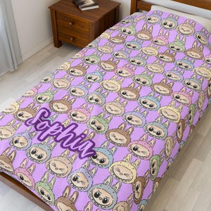 Personalized Bubu Monster Blanket | Custom Name Pastel Plush Throw | Cute Kawaii Monster Blanket| Perfect gifts, birthday, Christmas, Family image 8