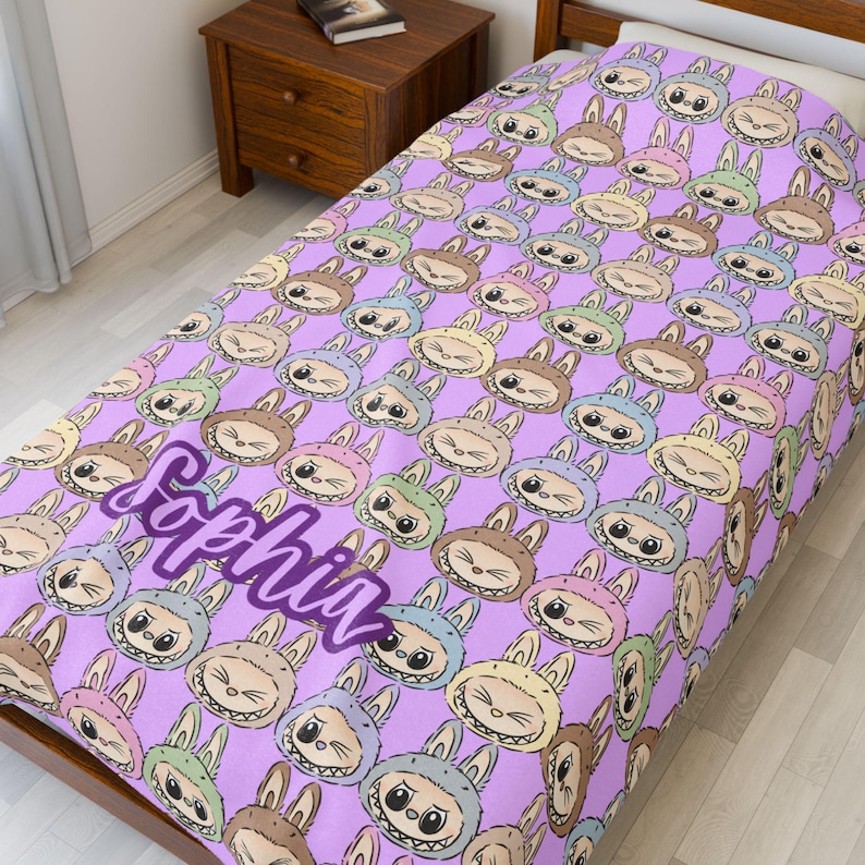 Personalized Bubu Monster Blanket | Custom Name Pastel Plush Throw | Cute Kawaii Monster Blanket| Perfect gifts, birthday, Christmas, Family image 8