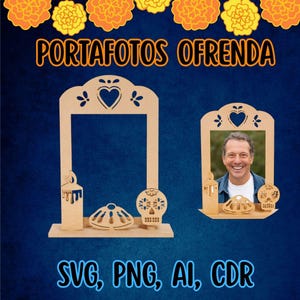 May include: Wooden photo frame with a Day of the Dead theme. The frame has a heart and floral design at the top, with a candle, skull, and bread-shaped elements. The text "PORTAFOTOS OFRENDA" and "SVG, PNG, AI, CDR" are visible.