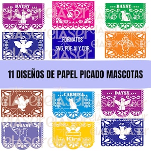 Puede incluir: Una colección de once diseños de papel picado coloridos con mascotas. Cada diseño incluye una silueta de mascota, alas de ángel y bordes decorativos. Los diseños son de varios colores, incluyendo morado, rosa, azul y verde. Se muestra el texto "11 DISEÑOS DE PAPEL PICADO MASCOTAS".