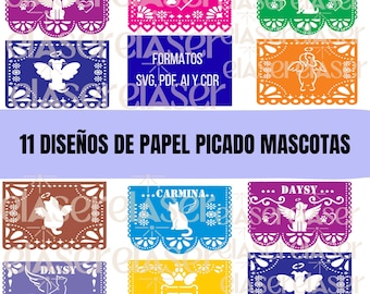 May include: A collection of eleven colorful papel picado designs featuring pets. Each design includes a pet silhouette, angel wings, and decorative borders. The designs are in various colors, including purple, pink, blue, and green. The text "11 DISEÑOS DE PAPEL PICADO MASCOTAS" is displayed.