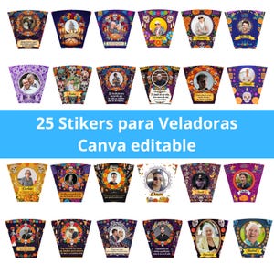 May include: A set of 25 editable Canva stickers for velas, showcasing diverse designs with photos, skulls, and floral motifs. The stickers are in various colours, including purple, orange, and blue, with text in Spanish.