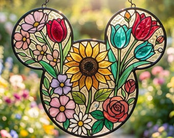 Mickey Floral Suncatcher, Disney Inspired Flower Window Hanging, Spring Garden Decor, Sunflower Tulip Suncatcher, Gift for Mom Mother’s Day