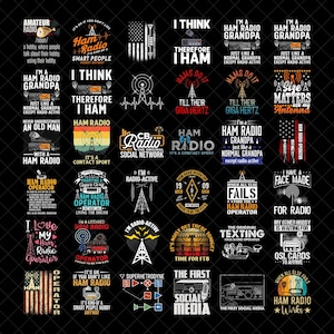 May include: A collection of graphic designs related to amateur radio, featuring text and illustrations. Designs include phrases like "Ham Radio Grandpa," "Radio Operator," and "Social Media." The color scheme is primarily black and white with some designs incorporating red, yellow, and blue.