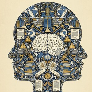 May include: A poster featuring the text "365 Weird, Wild & Wonderful Facts: Weird Rules That Run the World." The artwork is a head silhouette filled with symbols like books, scales, and a brain, in blue, yellow, and white, with "The ParchmentCo" at the bottom.