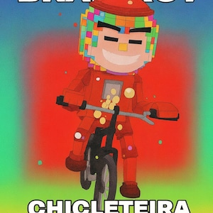 Puede incluir: Ilustración digital de un personaje pixelado en bicicleta, con un atuendo rojo y un casco colorido. La imagen incluye el texto "STEAL A BRAINROT" y "CHICLETEIRA BICICLETEIRA". Fondo rojo y verde.