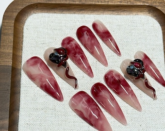 Handmade Black Cherry Marble Luxury Nails | 3D Heart & Liquid Metal Art | Deep Red Burgundy Ombre Glue Ons | Gothic Romantic Stiletto Style