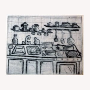 May include: A black and white drawing of a kitchen with a sink, cupboards, and a stove. There are various pots, pans, and utensils hanging on the wall and on the counter.