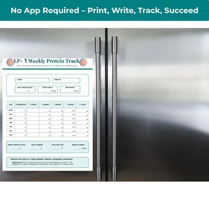 May include: A printed weekly protein tracker titled "LP-1 Weekly Protein Track" with sections for daily goals, weight, and meal tracking. The top text reads "No App Required - Print, Write, Track, Succeed". The tracker is displayed on a stainless steel refrigerator.