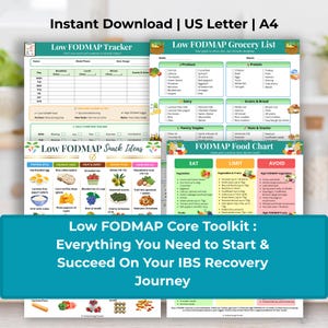 Puede incluir: Colección de recursos imprimibles de dieta baja en FODMAP, que incluyen un rastreador, una lista de compras, ideas para refrigerios y una tabla de alimentos. Diseñado para controlar los síntomas del SII.