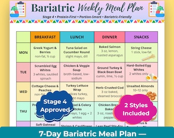 Bariatric Diet Plan Printable, 7 Day Gastric Bypass & Sleeve Meal Plan, Post Bariatric Surgery Weekly Meal Guide PDF