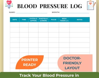 Blood Pressure Log Printable, Blood Pressure Tracker PDF, Daily BP Log Sheet, Hypertension Monitoring Chart, Home Blood Pressure Record