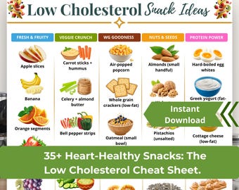 Low Cholesterol Snack Chart, Heart-Healthy Printable Food Guide, LDL-Friendly Snack List, Cardiac Diet Support