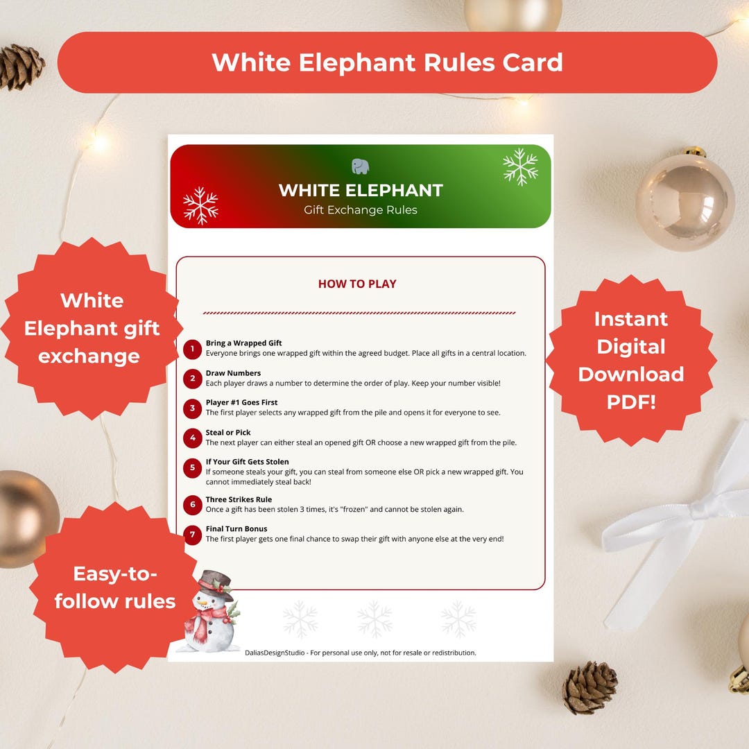 White Elephant Rules Printable Funny Christmas Gift Exchange Game