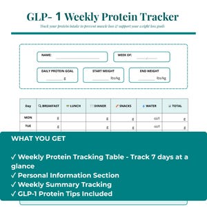 May include: A teal and white weekly protein tracker with the text "GLP-1 Weekly Protein Tracker". The tracker includes sections for name, daily protein goal, start and end weight in lbs/kg, and a table to track daily intake.