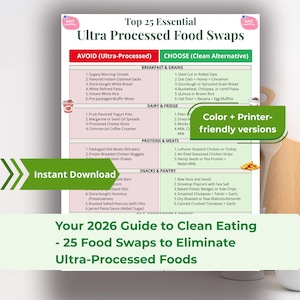 May include: An infographic detailing "Top 25 Essential Ultra Processed Food Swaps" with "Avoid" and "Choose" columns. Categories include breakfast, dairy, proteins, and snacks. Text includes "Instant Download" and "Your 2026 Guide to Clean Eating - 25 Food Swaps to Eliminate Ultra-Processed Foods."