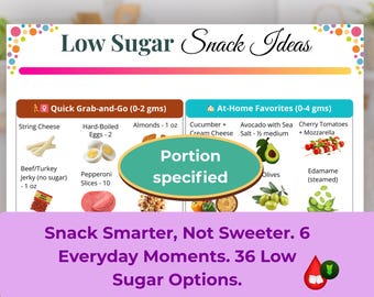 Low Sugar Snack Chart Printable, Sugar-Free Foods for Pre-Diabetes, PCOS & Keto Diet, Blood Sugar Friendly Low Carb Snacks for Diabetics