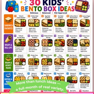 Puede incluir: Un gráfico digital titulado 30 Kids' Bento Box Ideas que presenta una cuadrícula de treinta combinaciones de comidas ilustradas para loncheras, categorizadas en sándwiches, wraps, rollitos, platos calientes y snacks con descripciones.