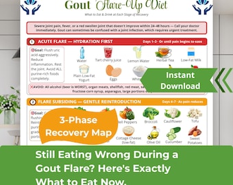 Gout Flare-Up Diet Roadmap, Uric Acid Flush Guide, Low Purine Foods, Gout Attack Relief