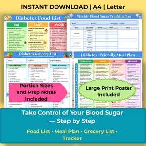 May include: A printable diabetes food list and meal plan, featuring sections for foods to eat, limit, and avoid. Includes a weekly blood sugar tracking log, a grocery list, and a diabetes-friendly meal plan. The poster includes the text "Portion Sizes and Prep Notes Included" and "Large Print Poster Included".
