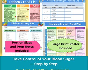 Diabetes bundle printable, Diabetic eating starter food list, Grocery list, meal plan, Blood sugar tracker, Diabetes diet management kit