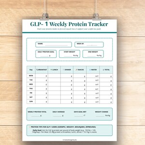May include: A printed weekly protein tracker titled "GLP-1 Weekly Protein Tracker." The tracker includes sections for daily protein goals, start and end weights in lbs/kg, and a chart to log protein intake for breakfast, lunch, dinner, snacks, and water. Includes protein tips.