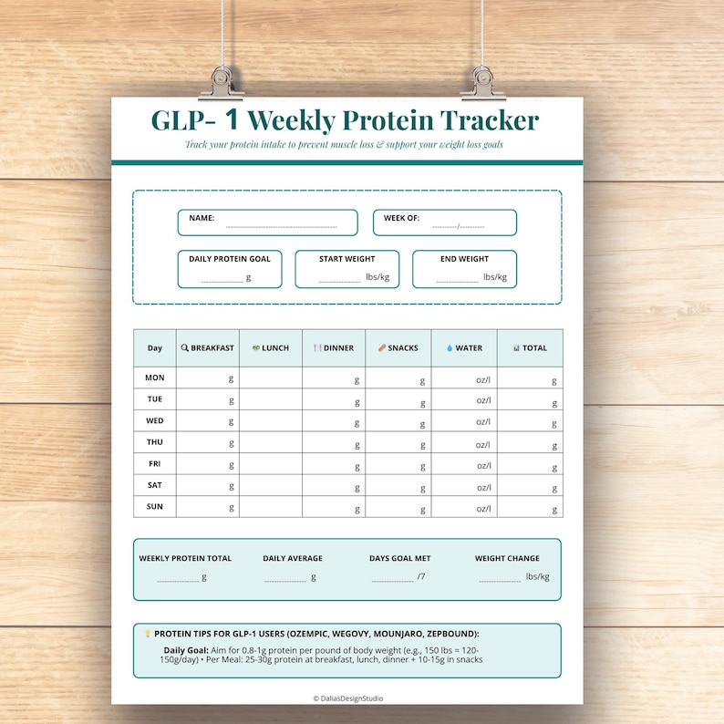 May include: A printed weekly protein tracker titled "GLP-1 Weekly Protein Tracker." The tracker includes sections for daily protein goals, start and end weights in lbs/kg, and a chart to log protein intake for breakfast, lunch, dinner, snacks, and water. Includes protein tips.