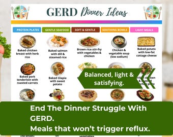 GERD Dinner List, GERD-Safe Dinner Chart, Acid Reflux Friendly Meal Plan (Pdf Download), GERD & Heartburn-Safe Food List and Dinner Recipes