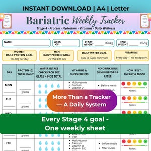 May include: A Bariatric Weekly Tracker printable sheet featuring sections for name, week, start and end weight in lbs/kg, daily protein goals, water intake, vitamins, and a daily log for protein, water, supplements, and mood tracking.