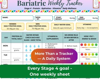 Bariatric Weekly Tracker, Gastric Bypass Sleeve Journal, Protein Hydration Vitamins (PDF), Post-Op WLS Recovery