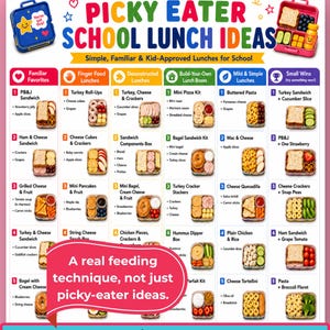 May include: A digital chart titled Picky Eater School Lunch Ideas featuring a grid of meal suggestions categorized by type. The colorful document includes illustrations of lunch boxes and text lists of food items for various school lunch options.
