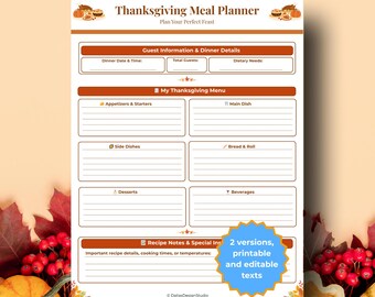 Thanksgiving Meal Planner | Printable & Fillable PDF, Holiday Menu | Holiday Hosting