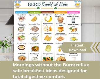 GERD Breakfast Ideas Chart, Acid Reflux Friendly (Printable Digital Download), Low Acid Foods