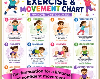 Kids Exercise Chart Printable, Kids Workout Chart, Kids Movement Chart, Kids Fitness Activities, Kids Exercise Poster, PE Chart for Kids