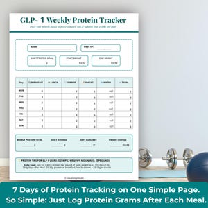 May include: A white GLP-1 weekly protein tracker sheet with a teal header. The tracker includes sections for name, week, daily goals, and a 7-day log for breakfast, lunch, dinner, snacks, water, and total protein intake. Text at the bottom reads: 7 Days of Protein Tracking on One Simple Page.