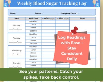 Blood Sugar Tracking Log Printable, Diabetes Blood Glucose Weekly Tracker, Before After Meal Log PDF, Diabetic Journal Printable