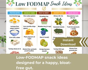 Low FODMAP Snack List Chart, IBS Friendly Foods Guide (Digital Download), Gut health foods