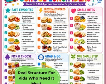 ADHD-Friendly School Lunch Ideas Printable, ADHD Kids Lunch Chart, Picky Eater Lunch, ADHD Meal Planning for Kid, Printable Adhd Lunch Guide