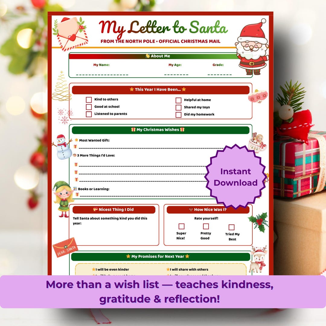 Letter to Santa Printable | Kids Christmas Wish List (PDF) - Etsy