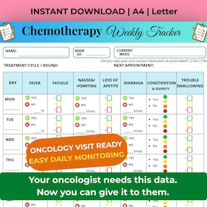 May include: A printable chemotherapy weekly tracker with sections for symptoms like fever, fatigue, nausea, and diarrhea. Includes space to record medication and appointment details. The text reads "Oncology Visit Ready, Easy Daily Monitoring."